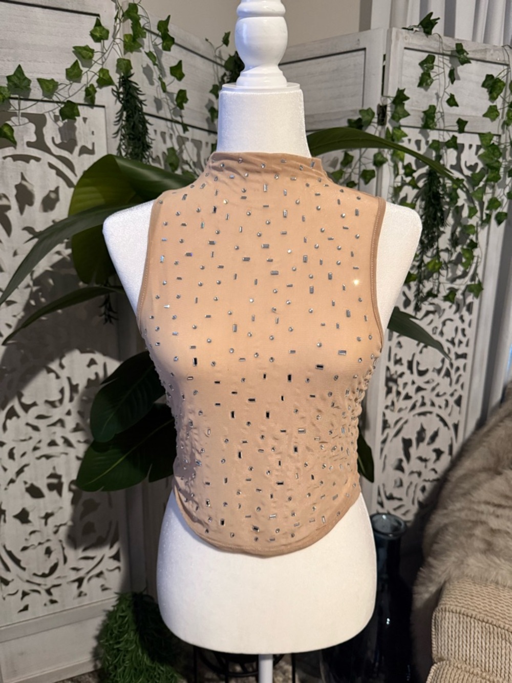 Beaded Mock Neck Sleeveless Crop Top - Nude